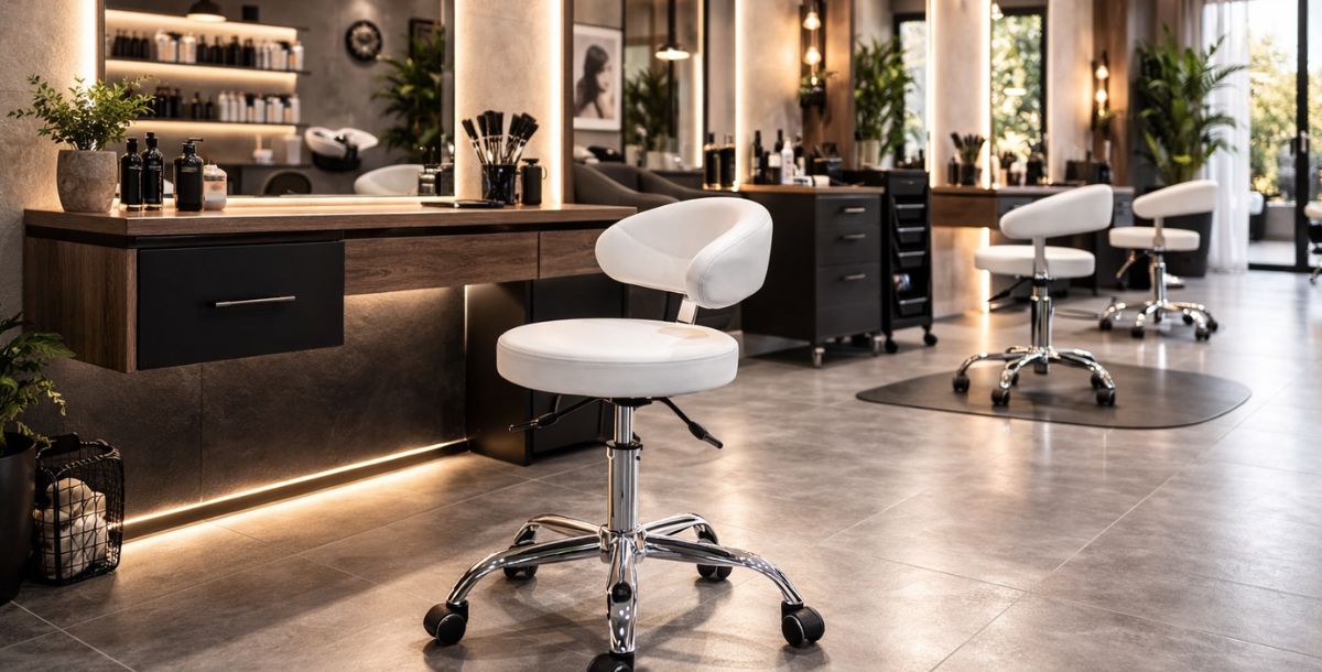 Bela frizerska stolica na točkićima sa hromiranom bazom postavljena u moderno uređenom frizerskom salonu