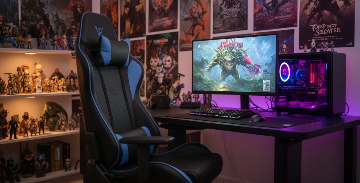Gejmerski radni prostor sa crno-plavom gejmerskom stolicom, računarom sa LED osvetljenjem, figuricama i posterima na zidu, stvarajući motivišuću i kreativnu atmosferu.