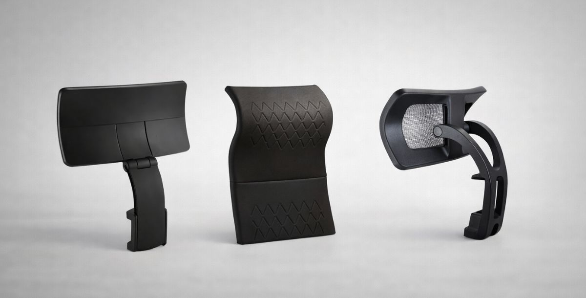 Tri različita modela ergonomskih glavonaslona za kancelarijske stolice, prikazana u studijskom okruženju sa neutralnom pozadinom i jasnim prikazom oblika i materijala.