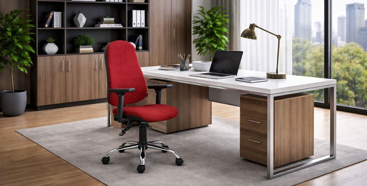 Moderan kancelarijski sto sa jednom daktilo stolicom u profesionalno uređenoj kancelariji