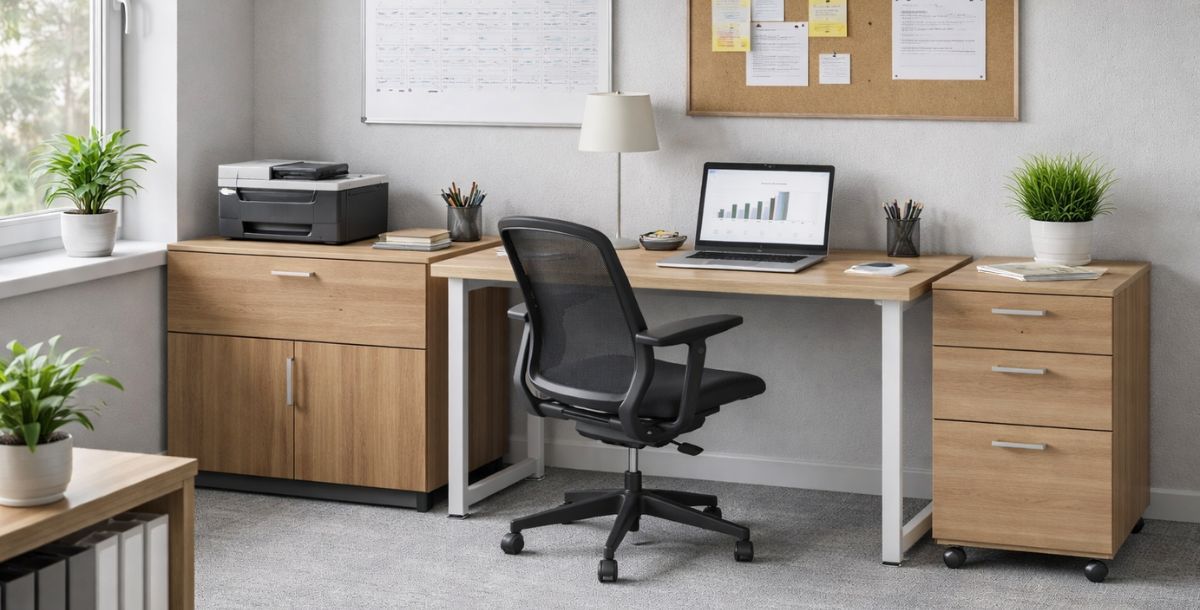 Komode i kasete postavljene uz radni sto u modernoj kancelariji sa ergonomskom stolicom