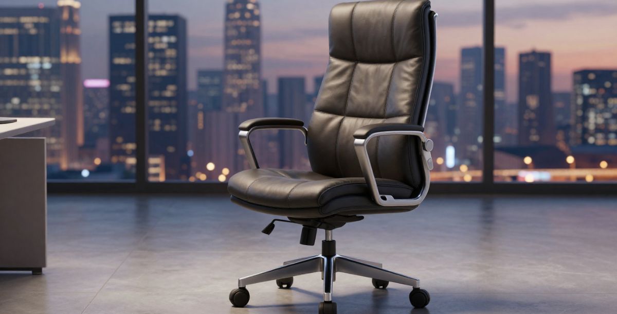 Ergonomska kancelarijska fotelja sa visokim naslonom i naslonom za ruke, postavljena u modernom radnom prostoru sa pogledom na grad.