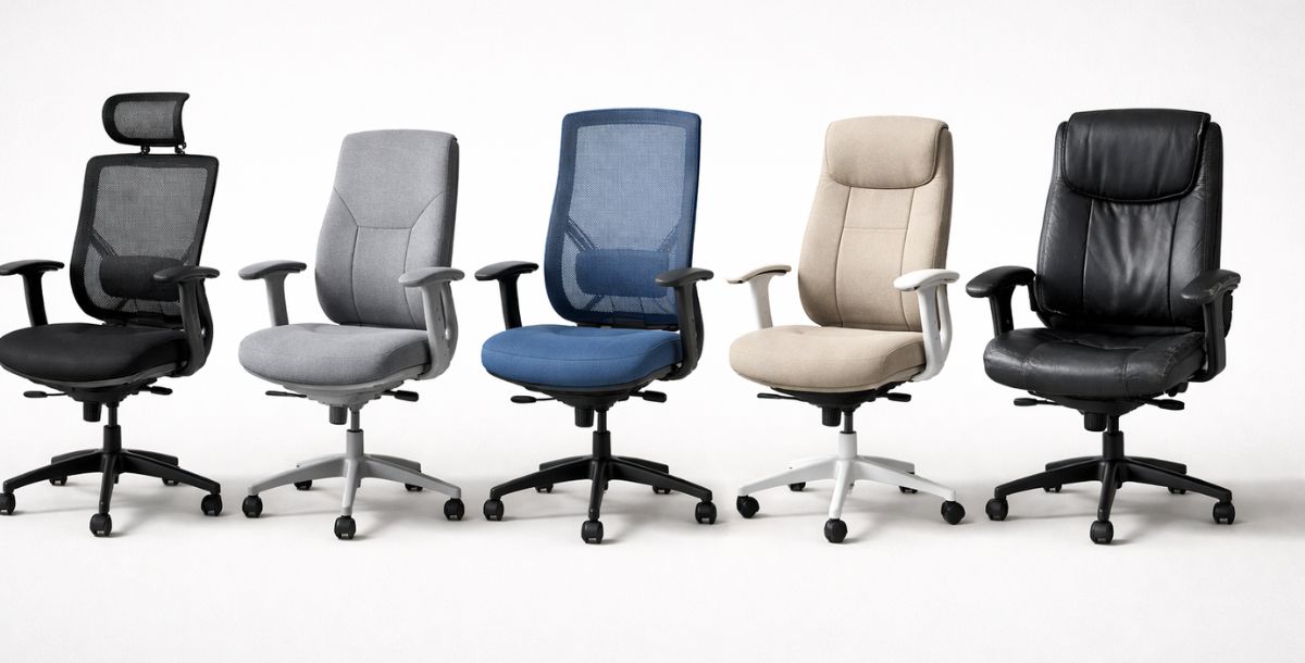 Servisiranje različitih ergonomskih kancelarijskih stolica od mreže, tkanine i kože na jednobojnoj pozadini