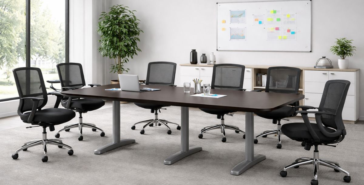 Konferencijski sto u kancelarijskom prostoru sa mrežastim kancelarijskim stolicama i tablom za sastanke