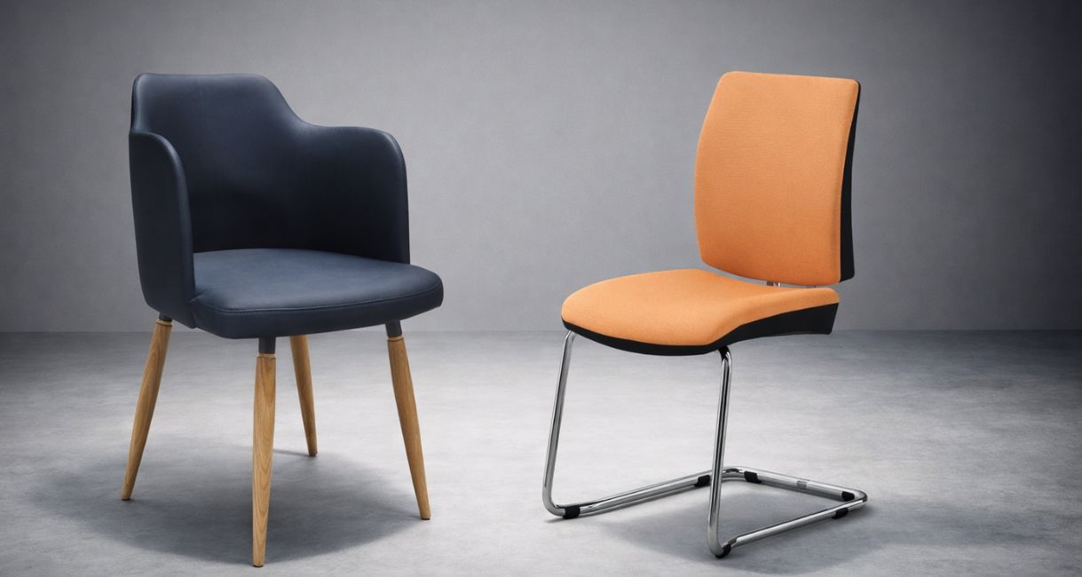 Dve konferencijske stolice u studijskom okruženju, jedna tapacirana sa drvenim nogama i druga na metalnom okviru, profesionalno osvetljene.