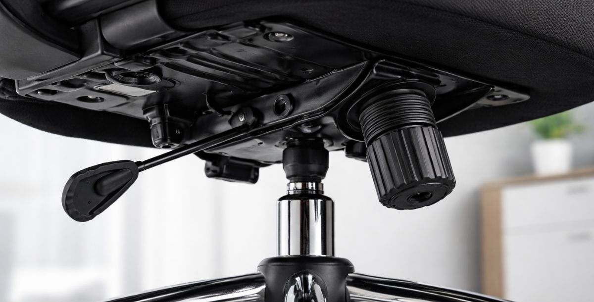 Donji deo ergonomske kancelarijske stolice sa vidljivim mehanizmom za podešavanje i gasnim podizačem