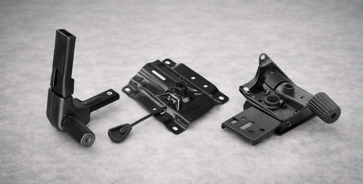 Mehanizmi za kancelarijske i industrijske stolice prikazani na neutralnoj sivoj pozadini u studijskom okruženju