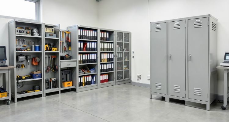 Metalni nameštaj u radnom prostoru sa alatnim, arhivskim i garderobnim ormarićima prilagođenim različitim opterećenjima