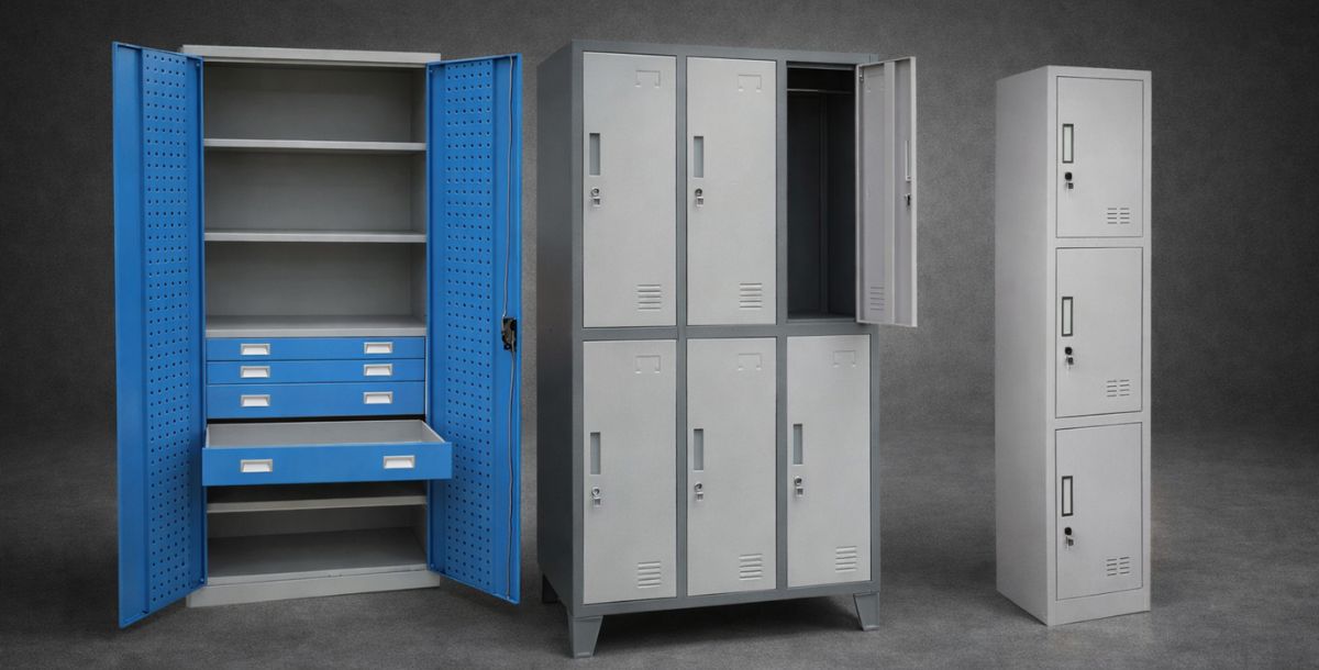 Tri industrijska metalna ormara: plavi ormarić sa fiokama i otvorenim vratima, sivi šestodelni ormarić sa ventilacijom i uski sivi trodelni ormarić, postavljeni na tamno sivu pozadinu u urednom prostoru.