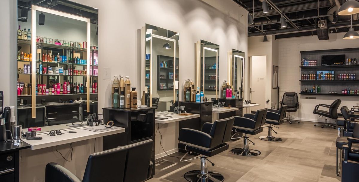 Frizerski salon sa više radnih mesta i crnim frizerskim stolicama ispred ogledalaCaption: