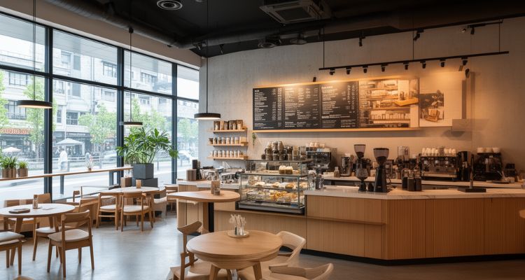 Moderan kafić sa velikim staklenim prozorima, drvenim stolovima i stolicama, šankom sa vitrinom i profesionalnom opremom za pripremu kafe, toplo ambijentalno osvetljenje.