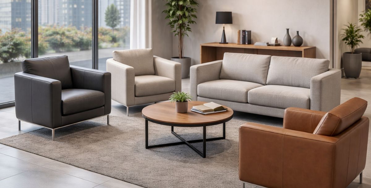 Klub garnitura u poslovnom prostoru sa dvosedom i klub foteljama, raspoređena u lobiju namenjenom sastancima i prijemu klijenata.