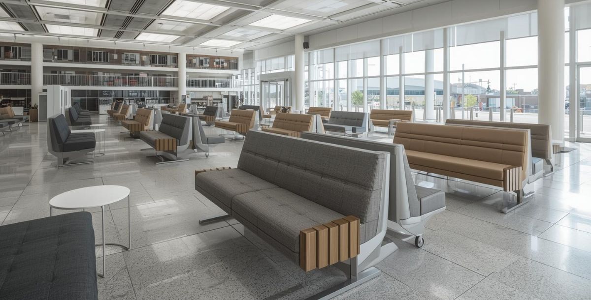 Prostrana čekaonica sa više klupa za sedenje u savremenom javnom prostoru sa velikim protokom ljudi