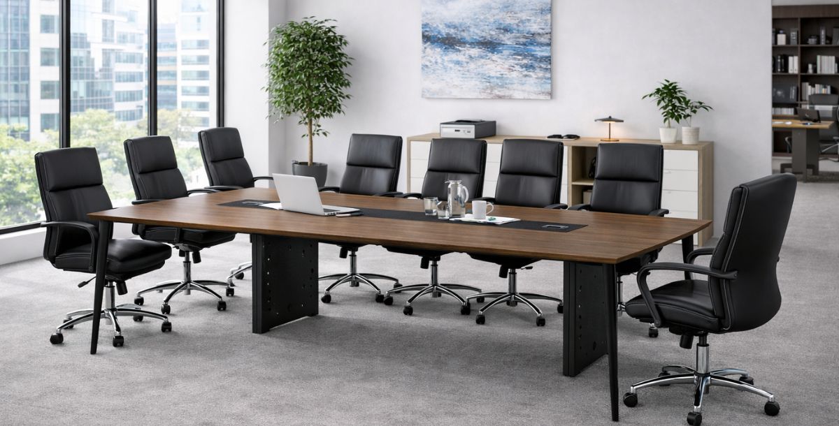 Konferencijski sto u modernoj kancelariji sa ergonomskim kancelarijskim stolicama i velikim prozorima