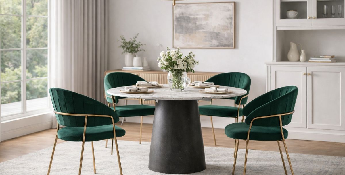 Moderna trpezarija sa okruglim stolom i zelenim tapaciranim stolicama sa metalnim nogama, prikazana u prirodno osvetljenom prostoru.
