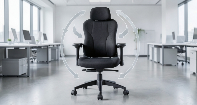 Ergonomska kancelarijska stolica sa vizuelno prikazanim smerovima podešavanja naslona, sedišta i rukonaslona