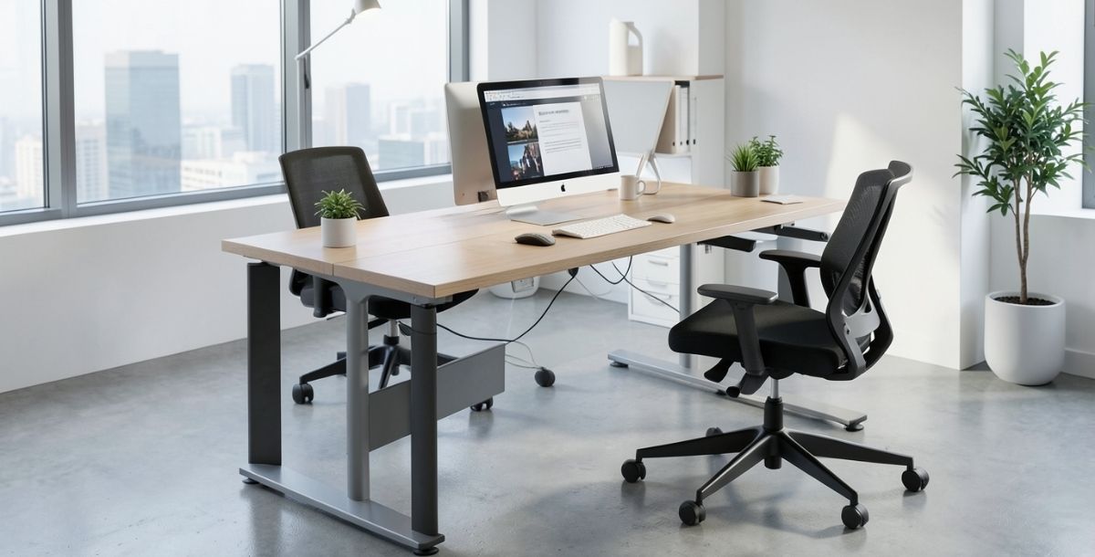 Moderan kancelarijski prostor sa podesivim radnim stolom, ergonomskim stolicama i računarima uz prirodno osvetljenje.