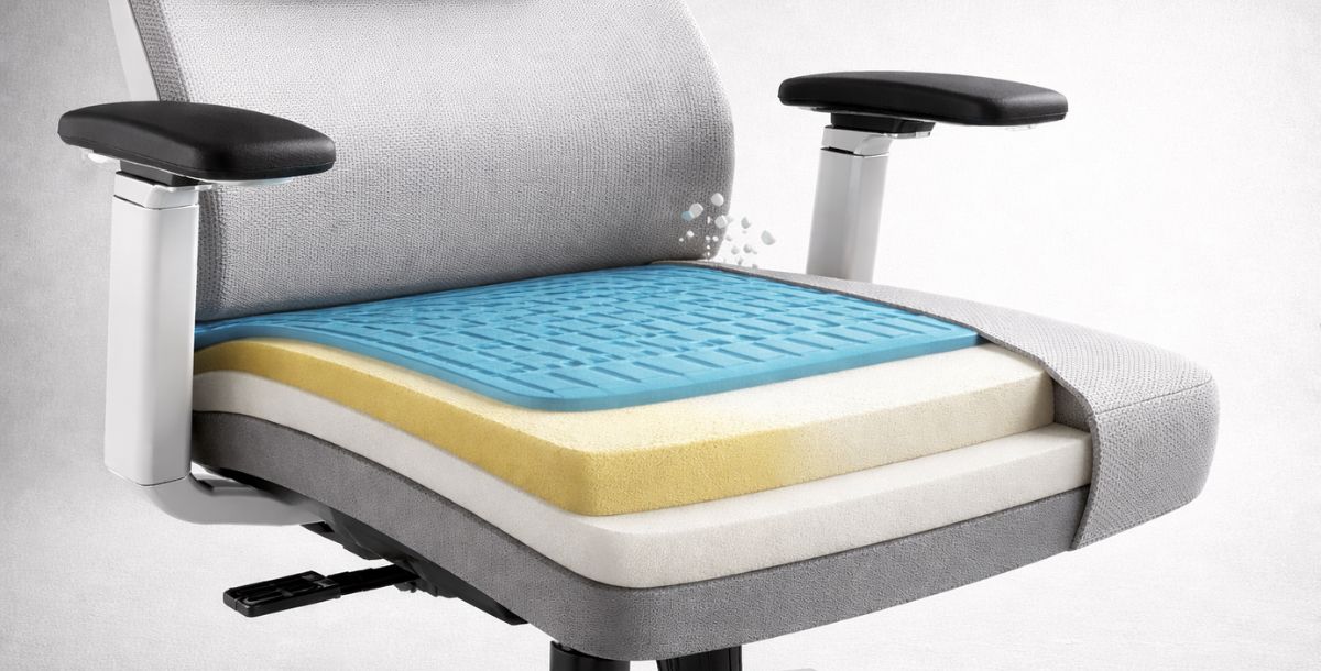 Ergonomska kancelarijska stolica u širokom planu sa vidljivim presekom sedišta i slojevima sunđera unutar konstrukcije.