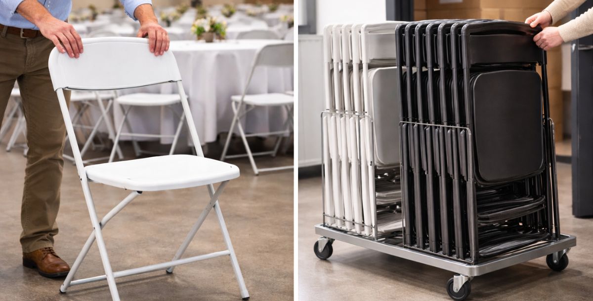 Prikaz sklapanja i odlaganja ketering stolica radi uštede prostora u skladištu