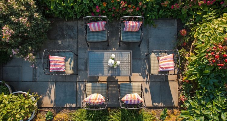 Ptičja perspektiva terase sa pravougaonim stolom i šest baštenskih stolica raspoređenih oko njega, okruženih zelenilom i biljkama.