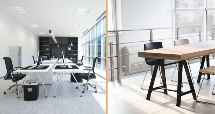 Kancelarijski sto sa metalnim nogama u radnom prostoru i šank sto sa metalnim nogama u ugostiteljskom ambijentu