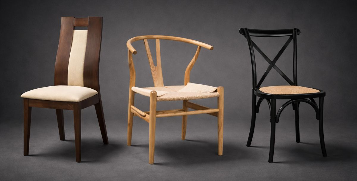 Različiti modeli drvenih trpezarijskih stolica na tamno sivoj pozadini sa mekim osvetljenjem