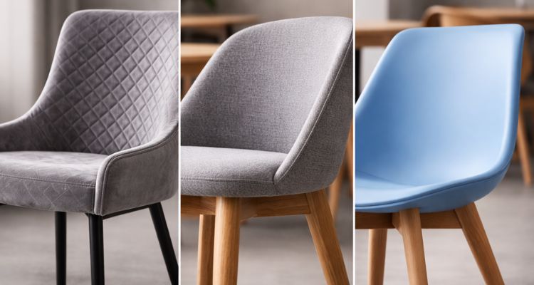 Tri stolice za kafiće u krupnom planu, poređenje metalne konstrukcije sa tapaciranim sedištem, masivnog drveta i polipropilena u modernom ambijentu.