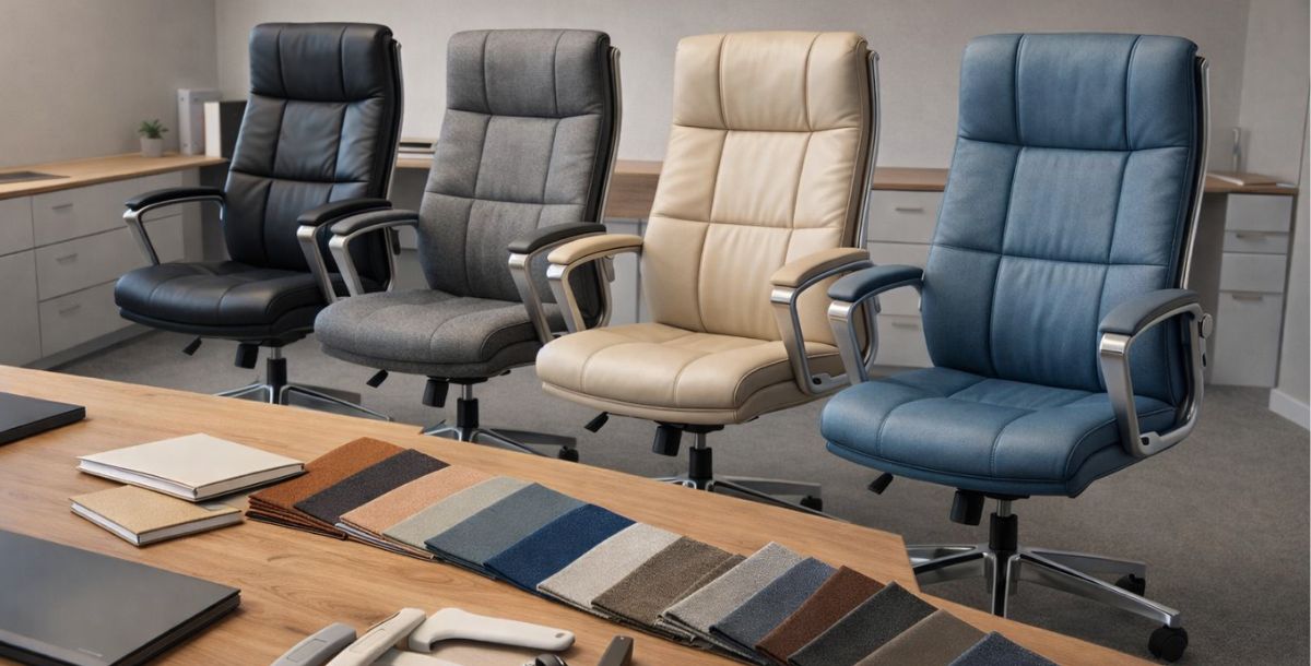 Prikaz kancelarijskih fotelja u različitim bojama i materijalima tapacirunga, sa uzorcima tkanina i vidljivim rezervnim delovima na radnom stolu.