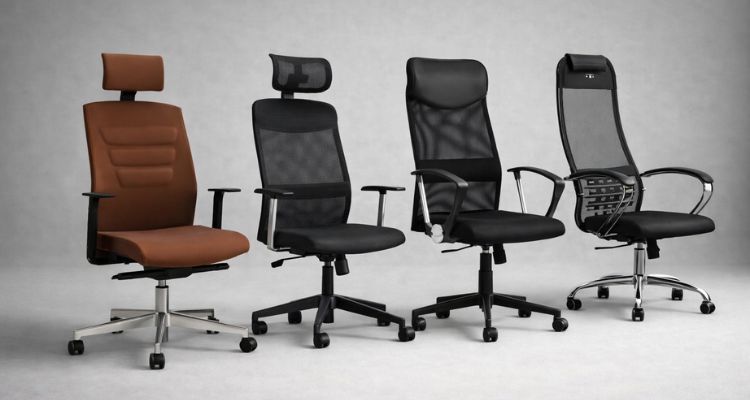 Četiri kancelarijske stolice različitih konstrukcija i materijala u studijskom okruženju sa sivom pozadinom