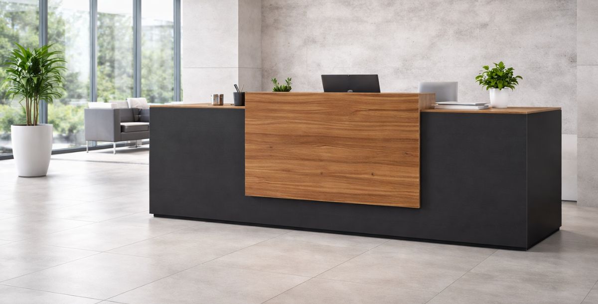 Recepcijski pult tamne boje sa drvenim frontom, postavljen u svetlom poslovnom prostoru sa prirodnim osvetljenjem i čekaonicom u pozadini.