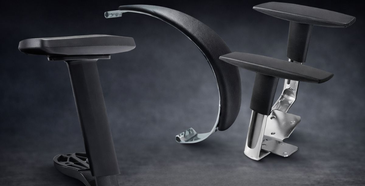 Rukonasloni za kancelarijske stolice različitih tipova, crni i metalni modeli prikazani u kompoziciji