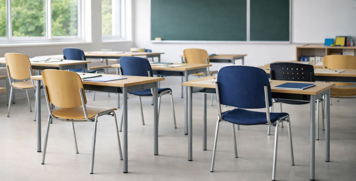 Moderna učionica opremljena školskim stolicama od drveta, plastike i tapaciranog materijala, postavljenim uz školske stolove u prostoru sa prirodnim osvetljenjem.