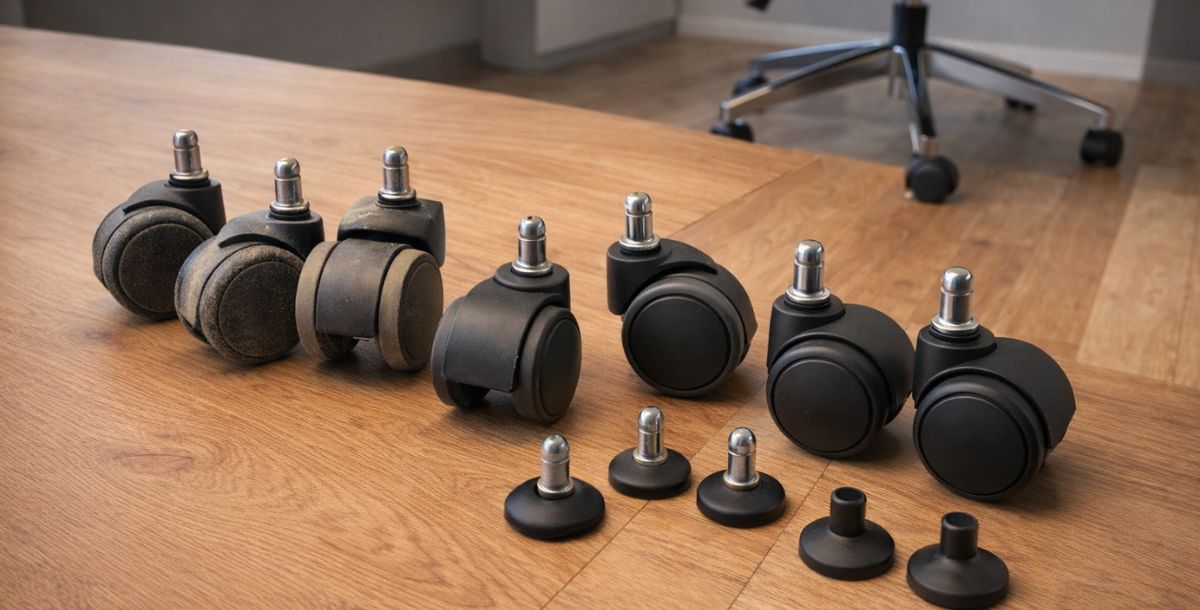 Zamenski točkići i stopice za kancelarijske stolice, prikaz istrošenih i novih delova postavljenih na podu pored baze stolice.