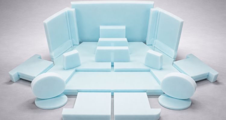 Krupni svetloplavi sunđer isečen u različite oblike za radne stolice, profesionalno osvetljenje, neutralna pozadina, širok kadar, detaljna tekstura.