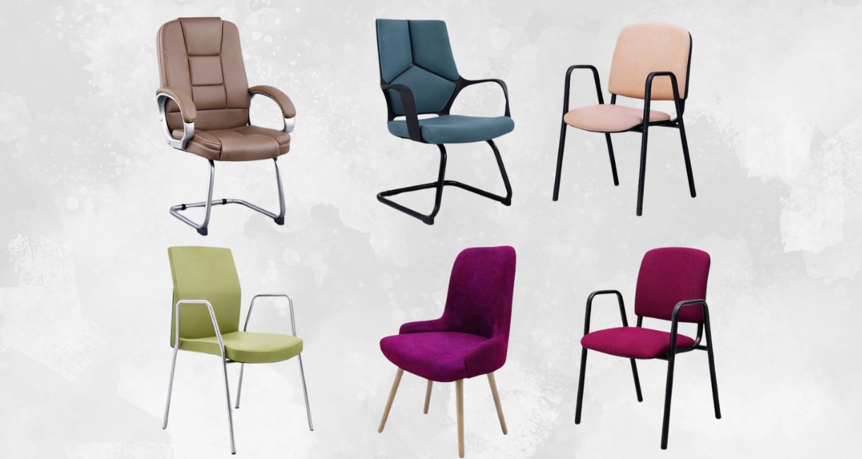 Konferencijske stolice različitih modela i boja ravnomerno raspoređene u studijskom okruženju, sa neutralnom pozadinom