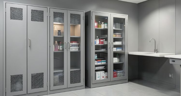 Metalni ormari sa ventilacionim otvorima i staklenim vratima za pregledno i bezbedno odlaganje opreme u radnom prostoru