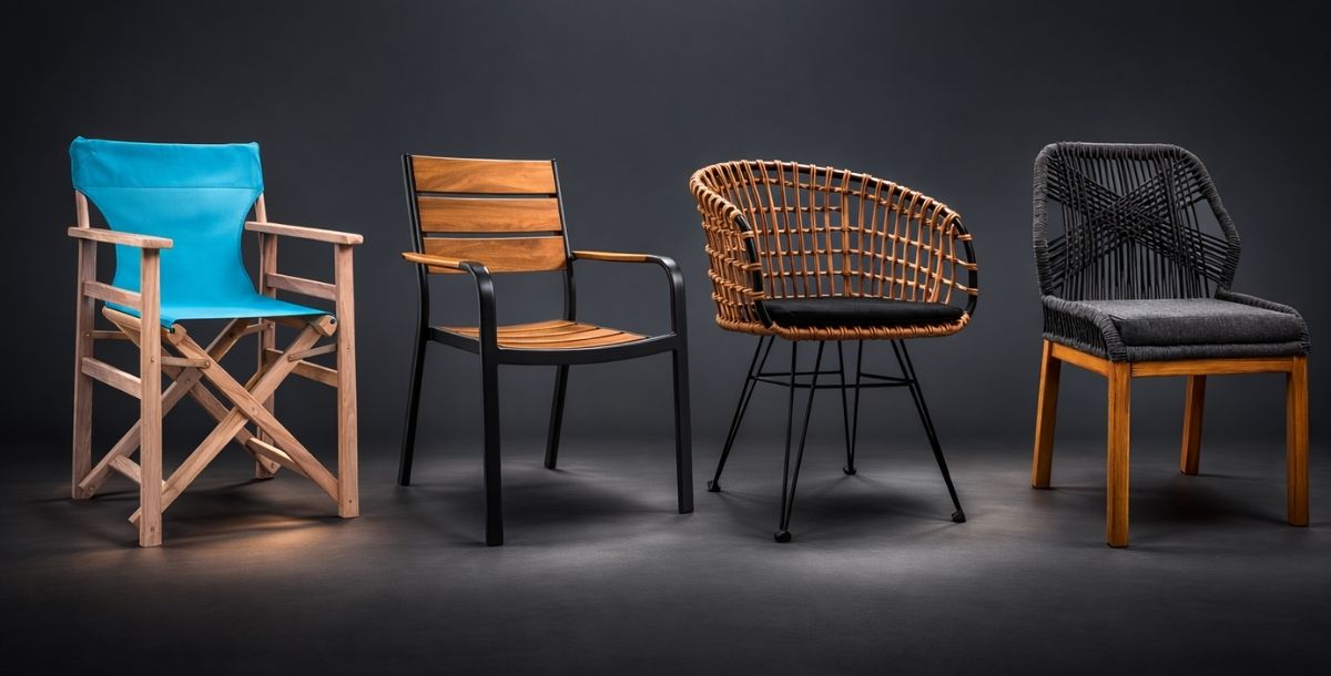 Četiri različite dizajnerske stolice na tamno sivoj studijskoj pozadini sa profesionalnim osvetljenjem, uključujući drvenu režisersku stolicu sa tirkiznim platnom, metalnu stolicu sa drvenim letvicama, ratan model sa crnim metalnim nogama i pletenu stolicu sa jastukom.
