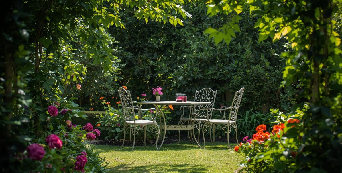Elegantna metalna baštenska garnitura sa okruglim stolom i četiri stolice postavljena na travnjaku, okružena zelenilom i rascvetalim cvećem u sunčanoj bašti
