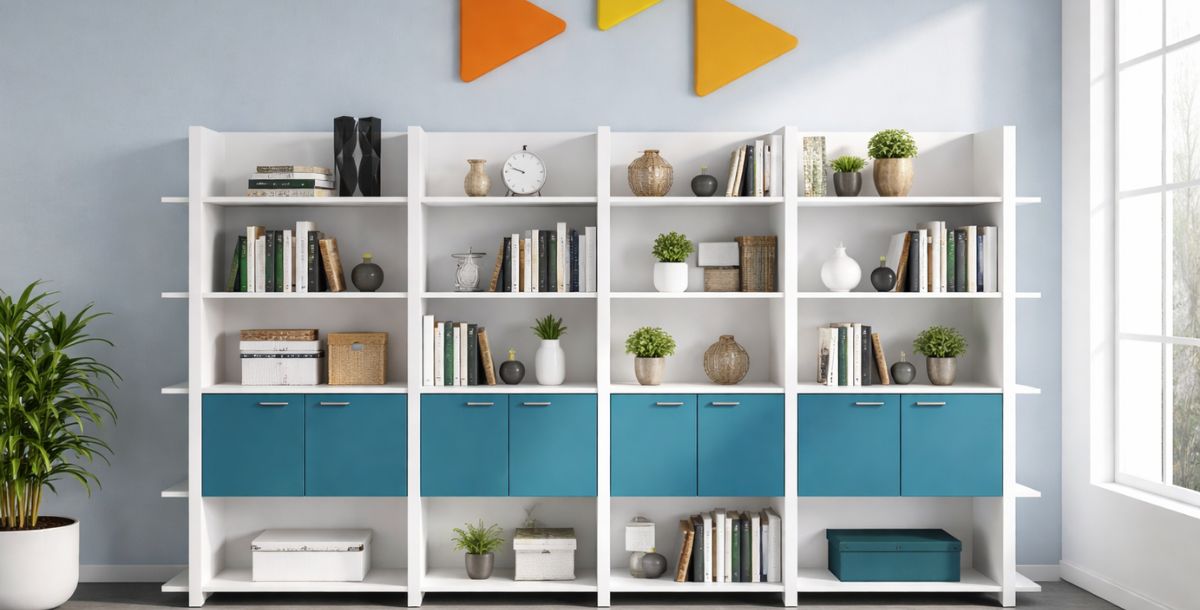 Moderne modularne police sa plavim frontovima i dekoracijom na svetloplavom zidu