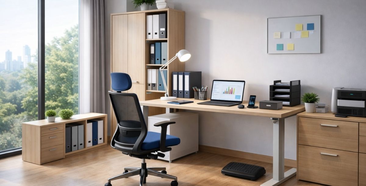 Moderna kancelarija sa ergonomskom stolicom, radnim stolom, ormarićima za dokumente i uredno organizovanom radnom opremom