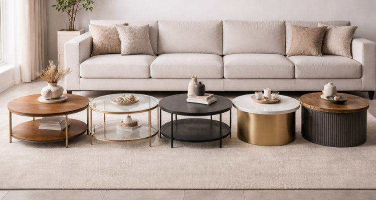 Pet različitih klub stolova od različitih materijala (drvo, staklo, metal i mermer) postavljenih ispred svetlog troseda u modernoj dnevnoj sobi.