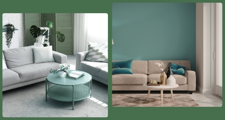 Split-screen prikaz dnevne sobe sa okruglim klub stolovima u dva različita enterijera, snimljeno iz blago povišene perspektive.