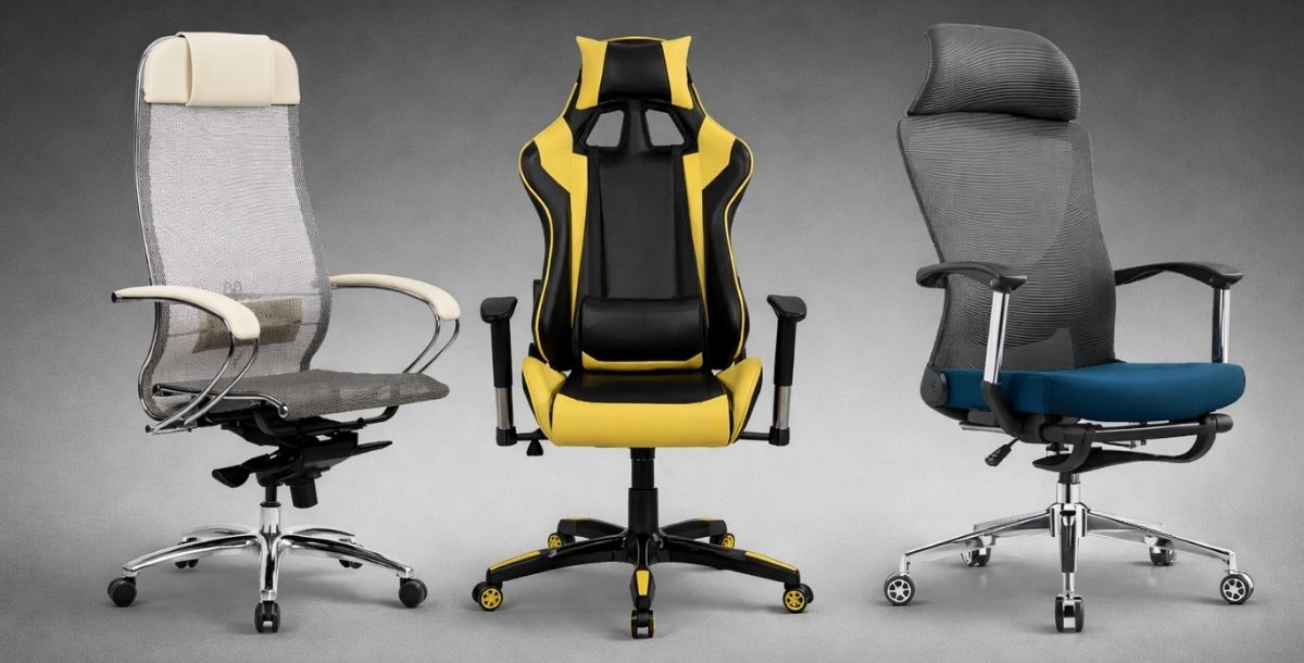 Gejmerske i ergonomske kancelarijske stolice različitih modela na sivoj studijskoj pozadini