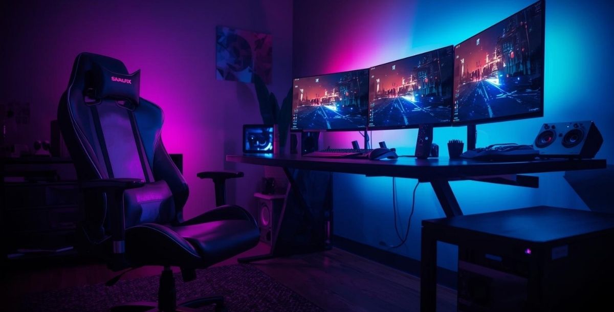 Gaming setup sa tri monitora, gejmerskim stolom i ergonomskom stolicom uz RGB osvetljenje