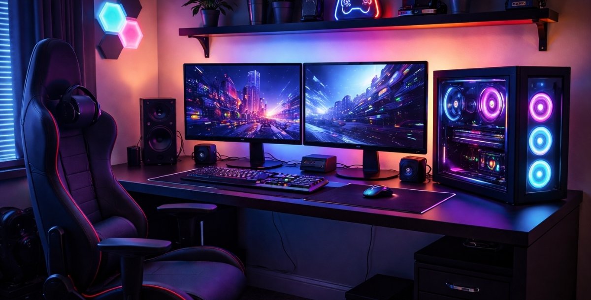 Gejmerski sto sa računarom i dva monitora u modernoj gejmerskoj sobi sa RGB osvetljenjem
