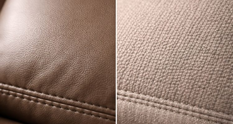 Krupni split screen prikaz materijala fotelje, eko koža sa glatkom površinom i tkanina sa vidljivom teksturom vlakana