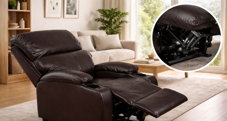 Relax fotelja u dnevnoj sobi sa prikazom mehanizma u krupnom planu za detaljan pregled funkcije