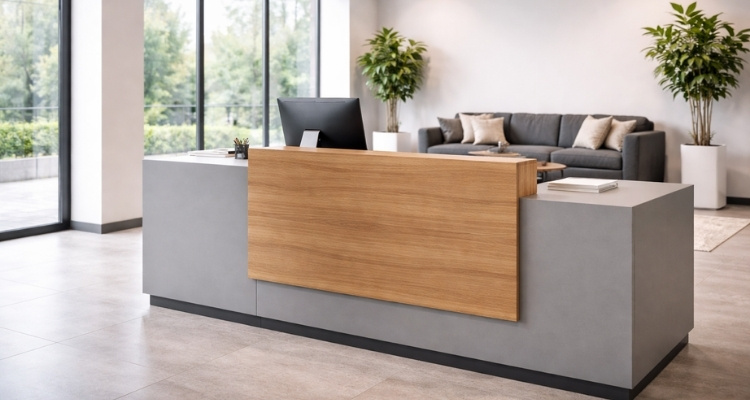 Moderan pult za recepciju u svetlim tonovima sa drvenim frontom u uređenom kancelarijskom prostoru sa lounge zonom