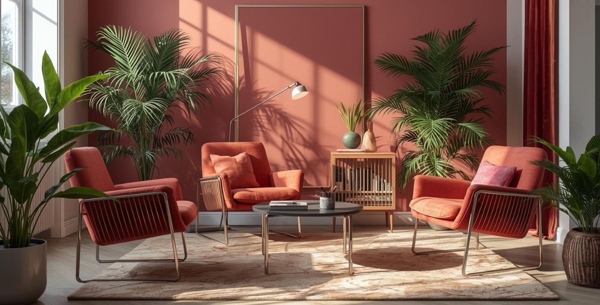 Moderna dnevna soba sa četiri narandžaste fotelje, zelenim sobnim biljkama i okruglim stočićem na tepihu