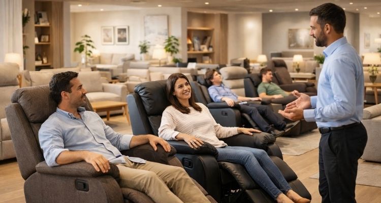 Par kupaca testira relax fotelje u modernom salonu nameštaja dok prodavac objašnjava različite mehanizme i funkcije
